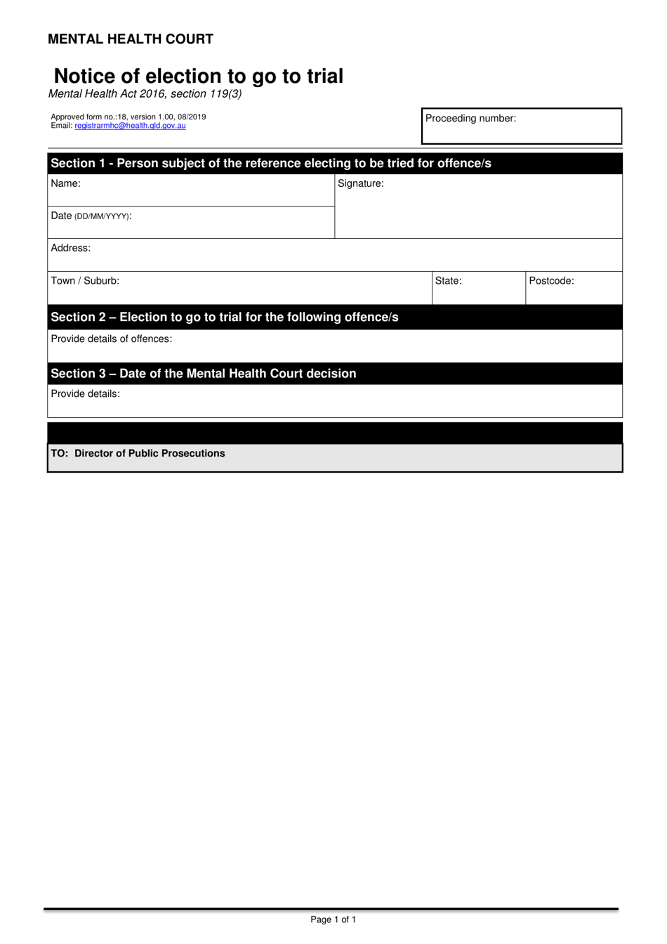 Form 18 Notice of Election to Go to Trial - Queensland, Australia, Page 1