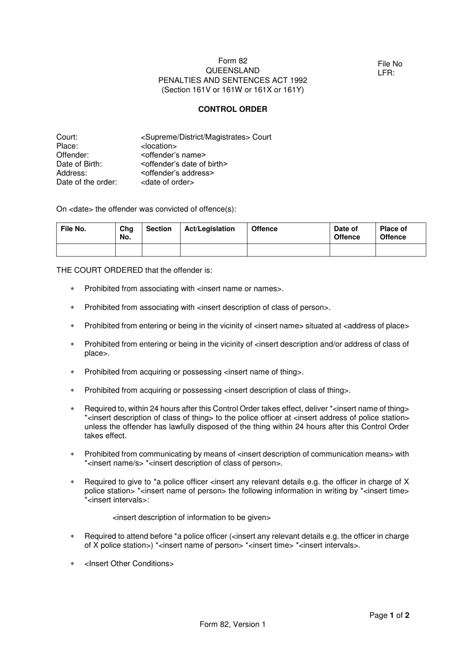Form 82 Control Order - Queensland, Australia, Page 1