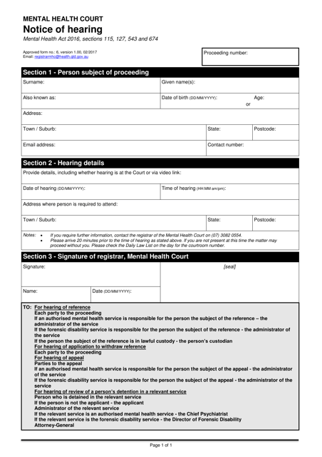 Form 6 Notice of Hearing - Queensland, Australia