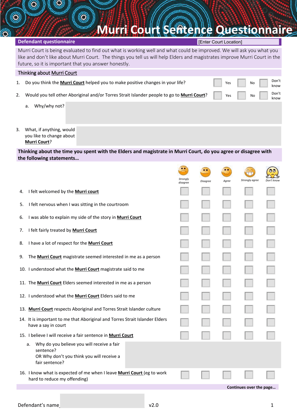 Defendants Sentence Questionnaire - Queensland, Australia, Page 1
