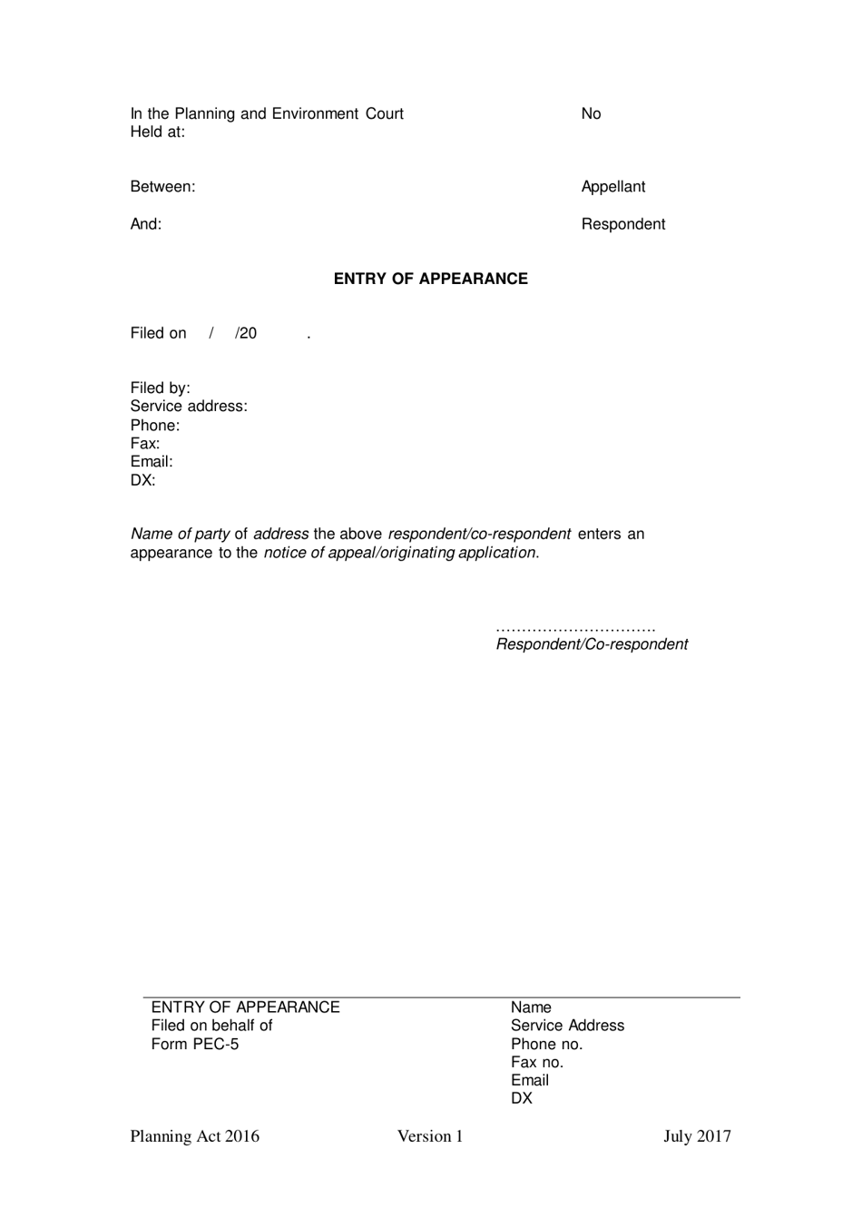 Form 5 Entry of Appearance - Queensland, Australia, Page 1
