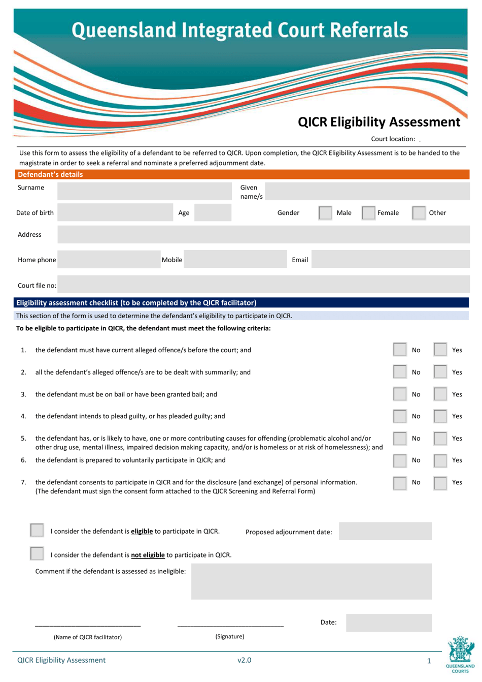 Qicr Eligibility Assessment - Queensland, Australia, Page 1