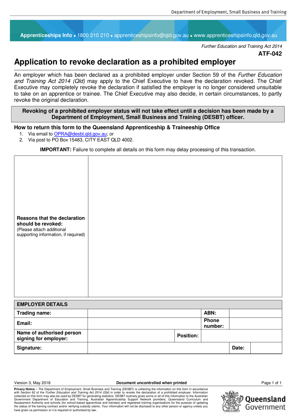 Form ATF-042 Application to Revoke Declaration as a Prohibited Employer - Queensland, Australia, Page 1