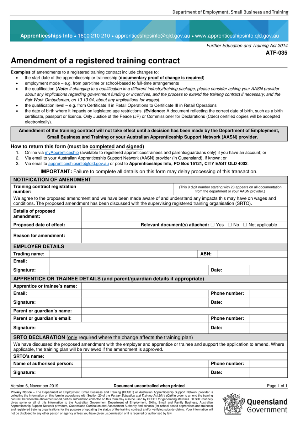 Form ATF-035 Amendment of a Registered Training Contract - Queensland, Australia, Page 1