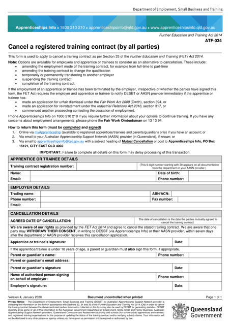 Form ATF-034 Cancel a Registered Training Contract (By All Parties) - Queensland, Australia