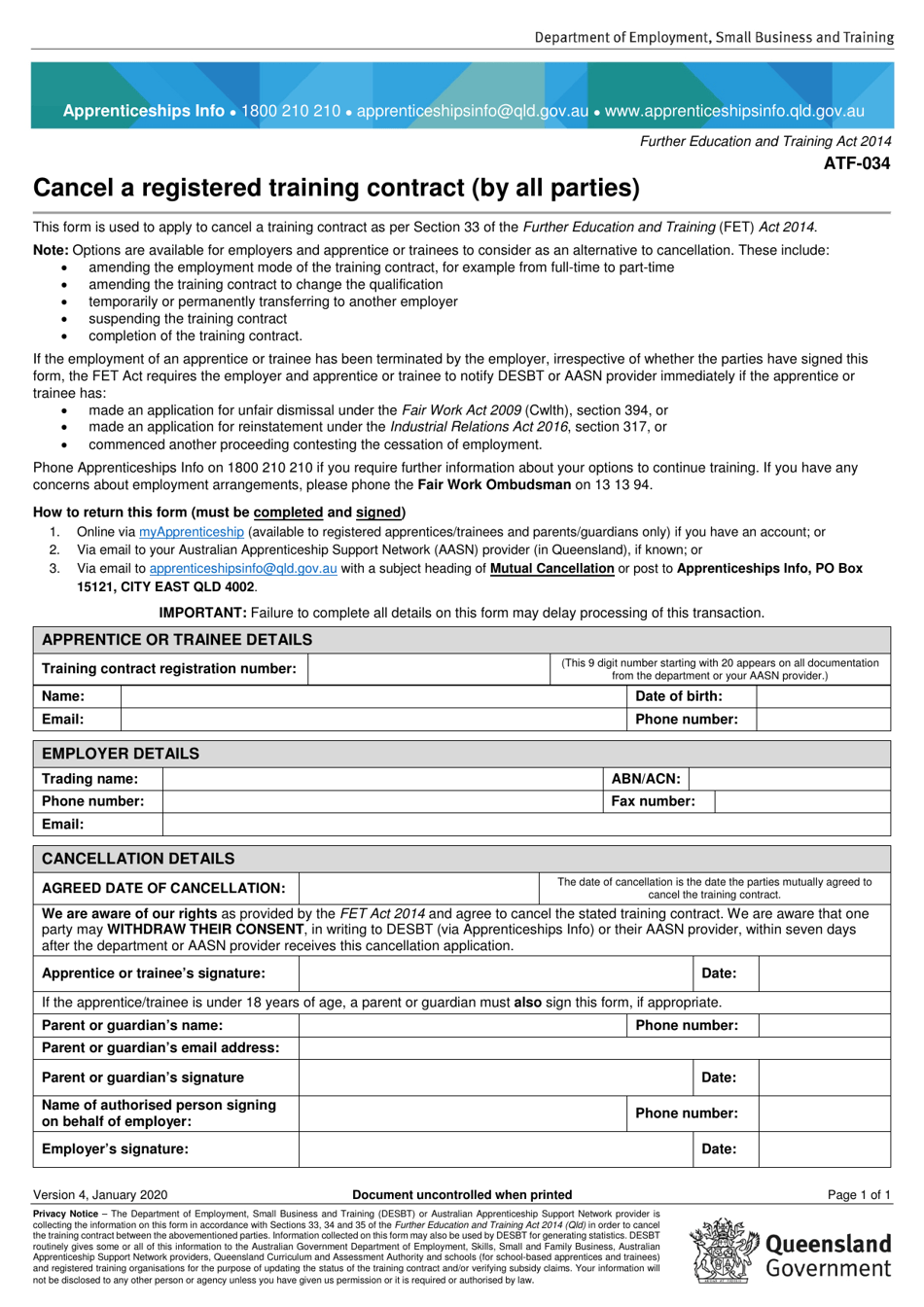 Form ATF-034 Cancel a Registered Training Contract (By All Parties) - Queensland, Australia, Page 1