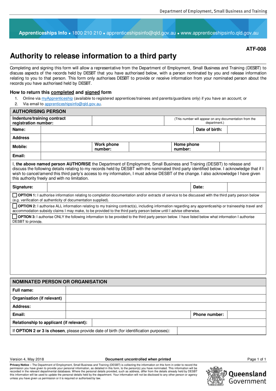 Form ATF-008 Authority to Release Information to a Third Party - Queensland, Australia, Page 1