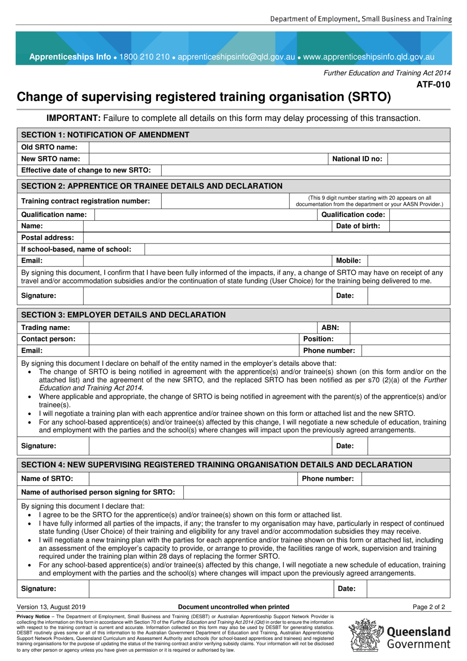 Form ATF-010 Change of Supervising Registered Training Organisation (Srto) - Queensland, Australia, Page 2
