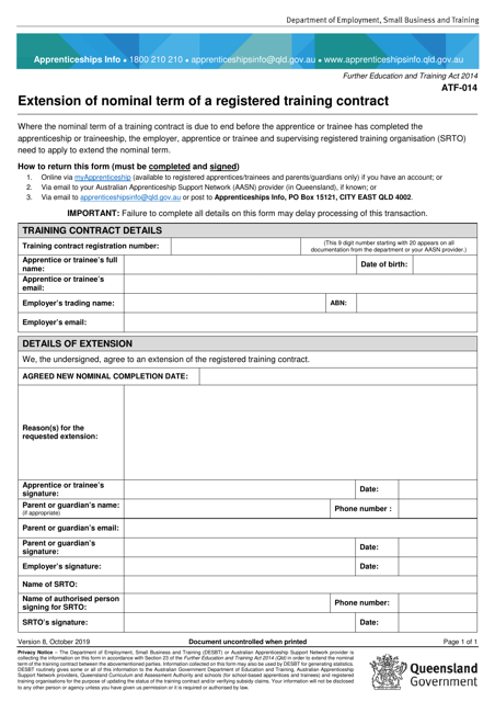 Form ATF-014 Extension of Nominal Term of a Registered Training Contract - Queensland, Australia
