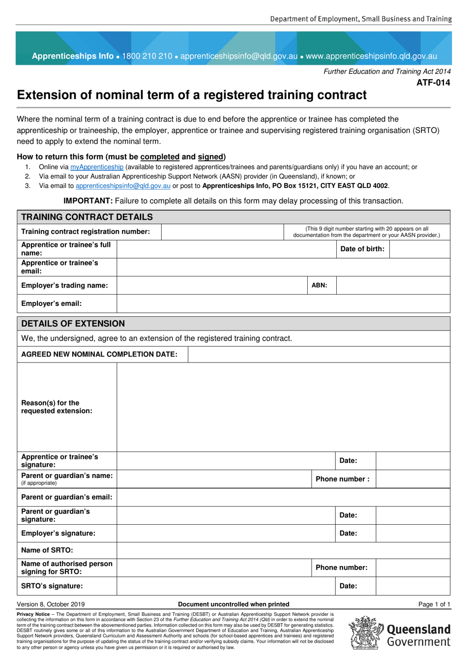 Form ATF-014 Extension of Nominal Term of a Registered Training Contract - Queensland, Australia, Page 1