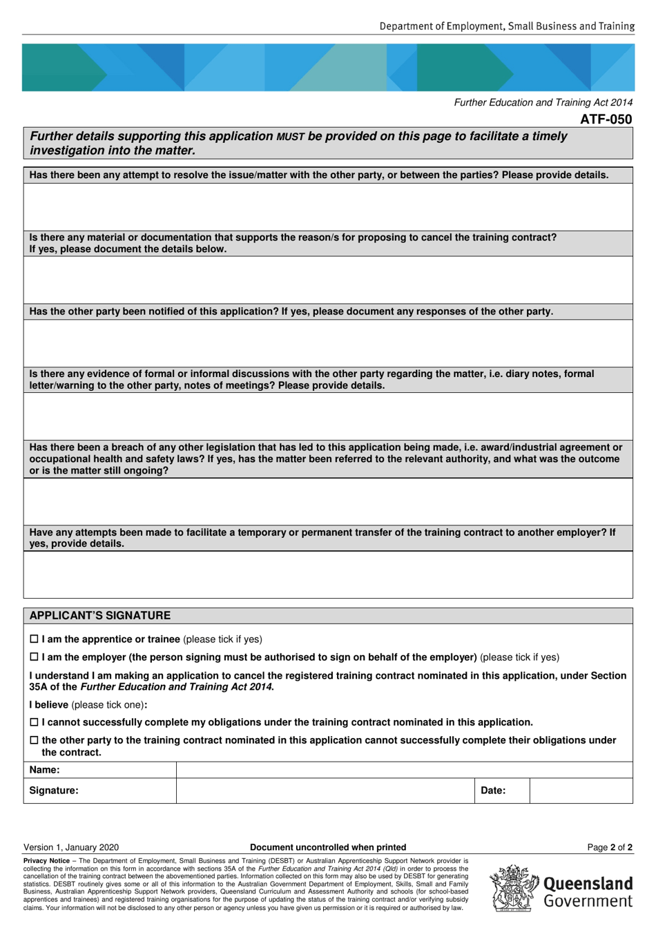 Form ATF-050 Cancel a Registered Training Contract (By One Party) - Queensland, Australia, Page 2