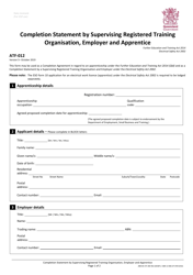 Document preview: Form ATF-012 Completion Statement by Supervising Registered Training Organisation, Employer and Apprentice - Queensland, Australia