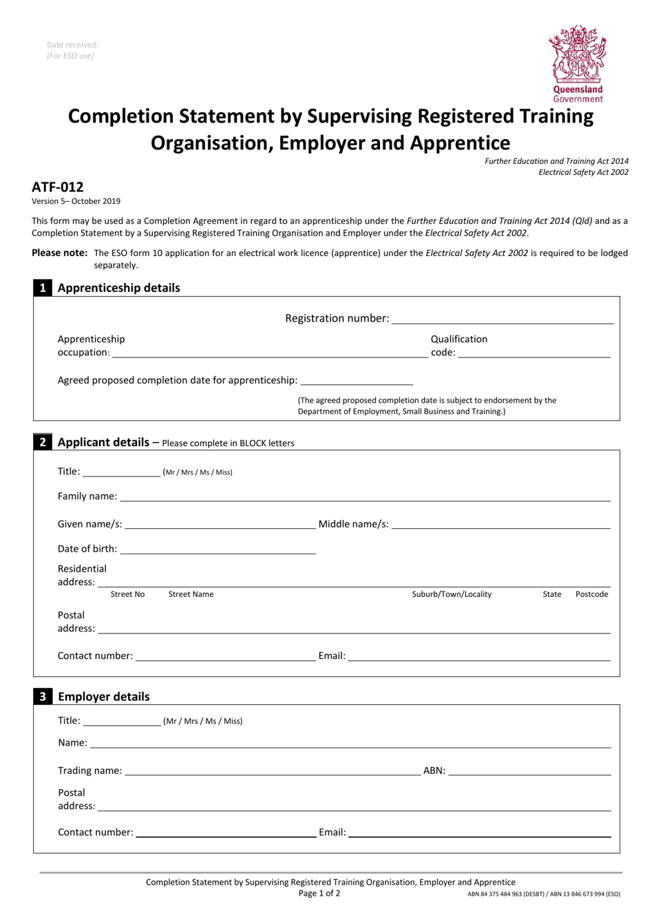 Form ATF-012 Completion Statement by Supervising Registered Training Organisation, Employer and Apprentice - Queensland, Australia, Page 1