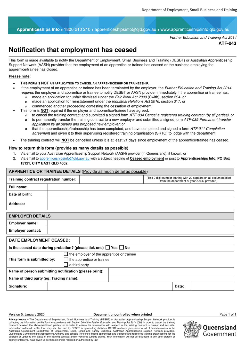 Form ATF-043 Notification That Employment Has Ceased - Queensland, Australia, Page 1