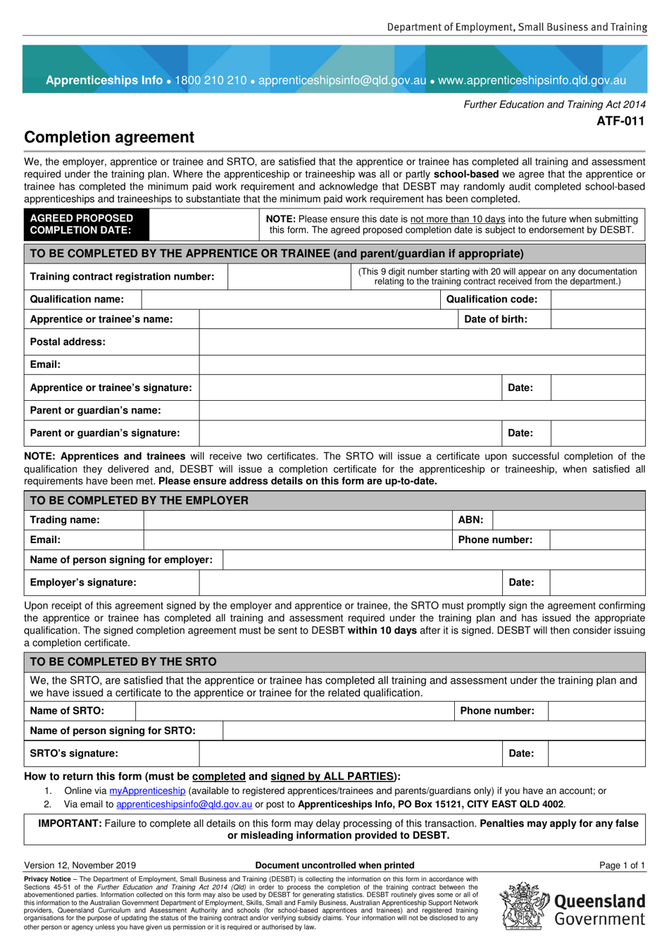 Form ATF-011 Completion Agreement - Queensland, Australia, Page 1