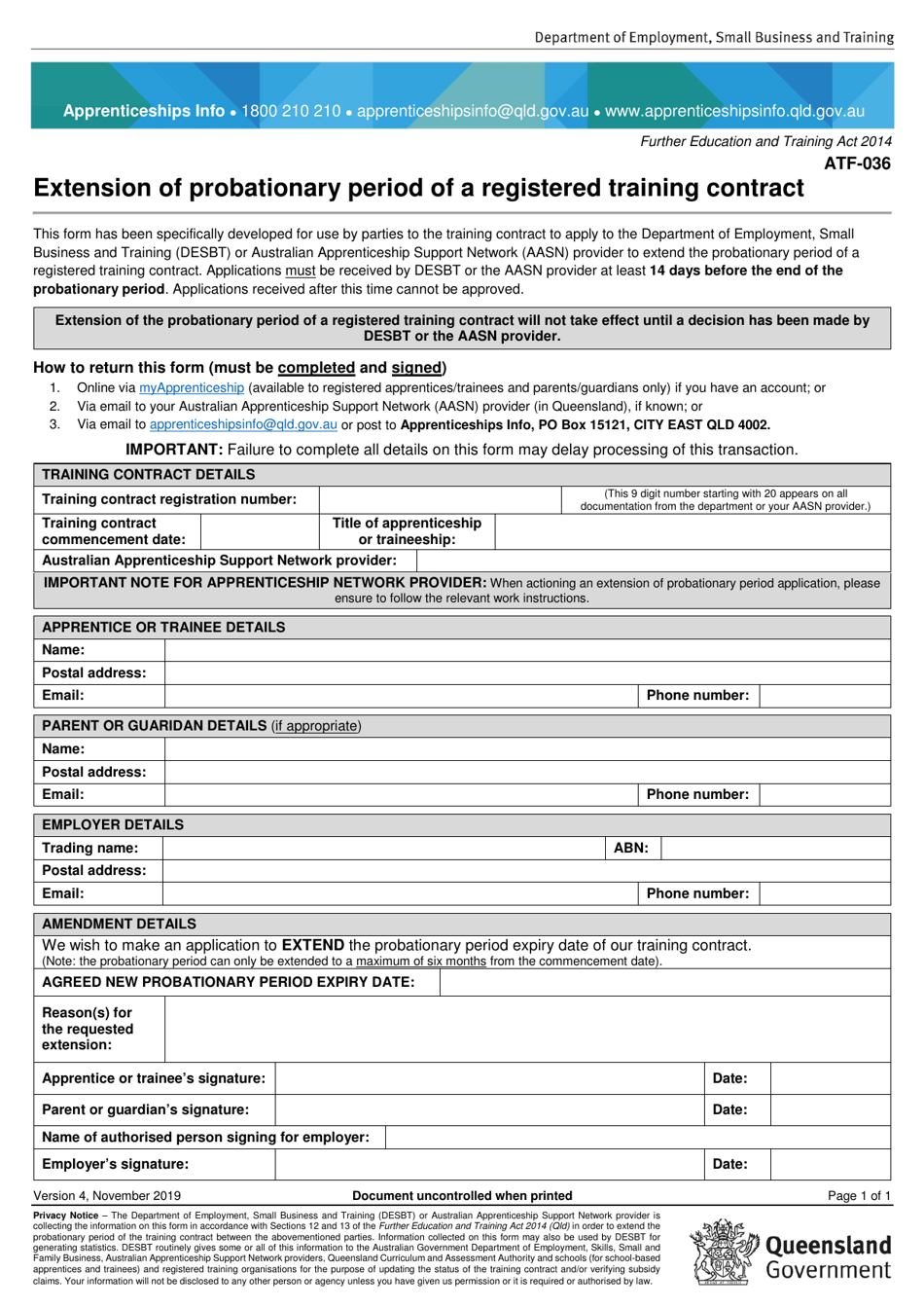 Form ATF-036 Extension of Probationary Period of a Registered Training Contract - Queensland, Australia, Page 1
