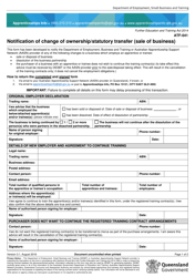 Form ATF-041 Notification of Change of Ownership/Statutory Transfer (Sale of Business) - Queensland, Australia