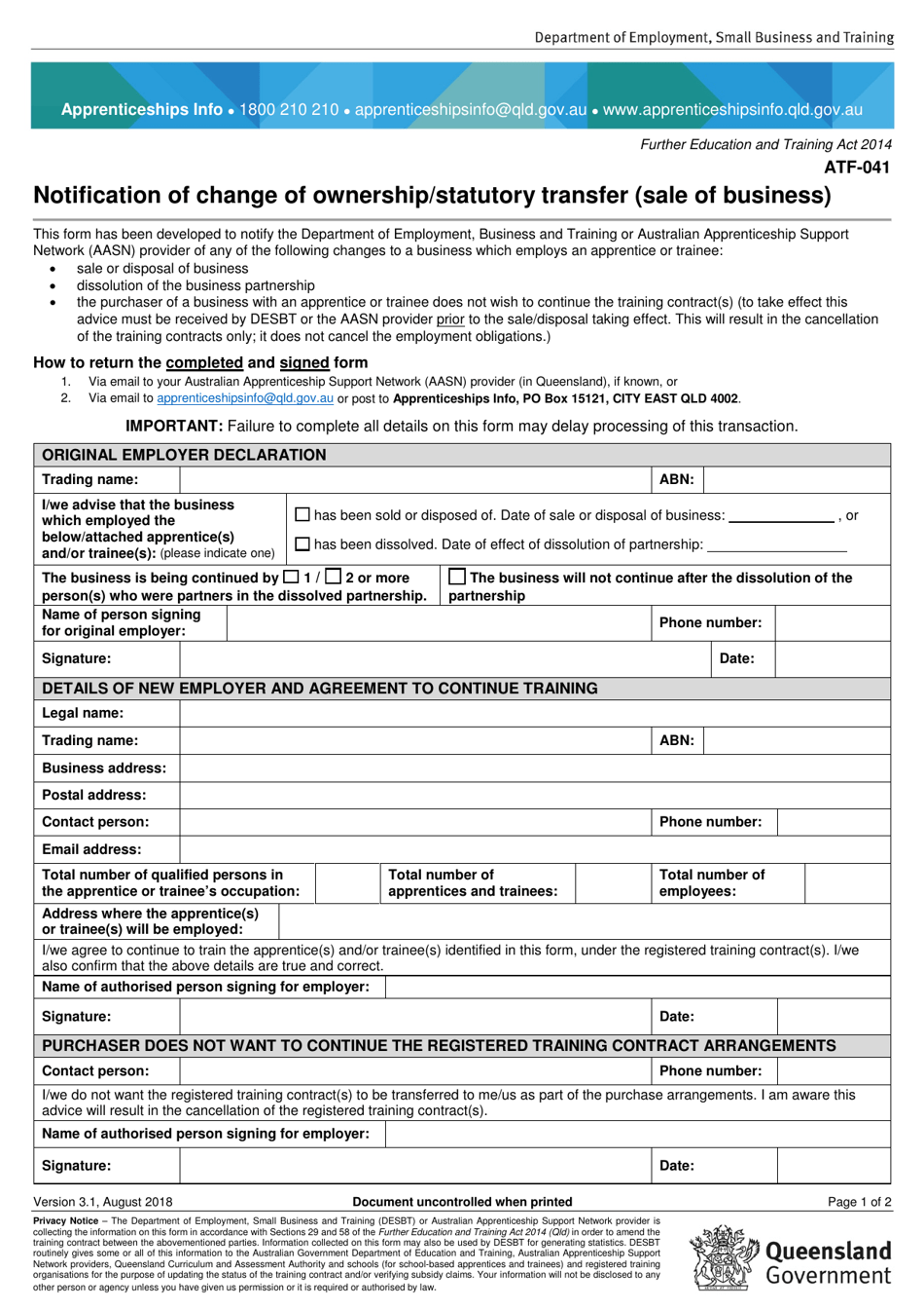 Form ATF-041 Notification of Change of Ownership / Statutory Transfer (Sale of Business) - Queensland, Australia, Page 1