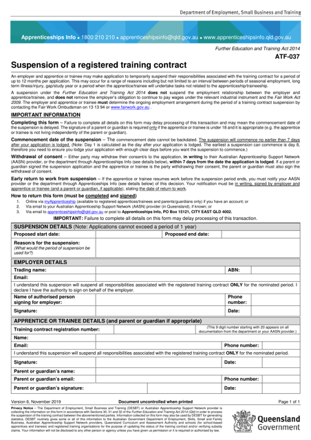 Form ATF-037 Suspension of a Registered Training Contract - Queensland, Australia