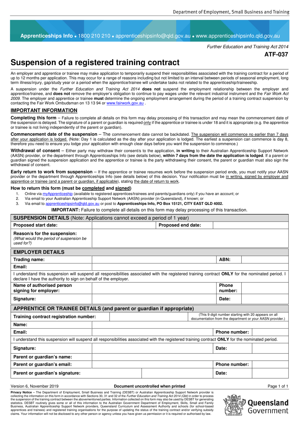 Form ATF-037 Suspension of a Registered Training Contract - Queensland, Australia, Page 1