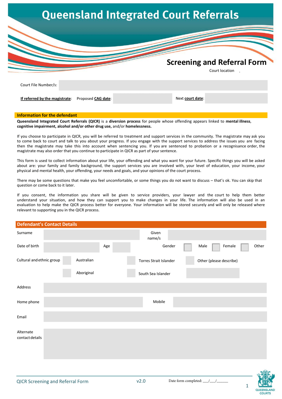 Qicr Screening and Referral Form - Queensland, Australia, Page 1