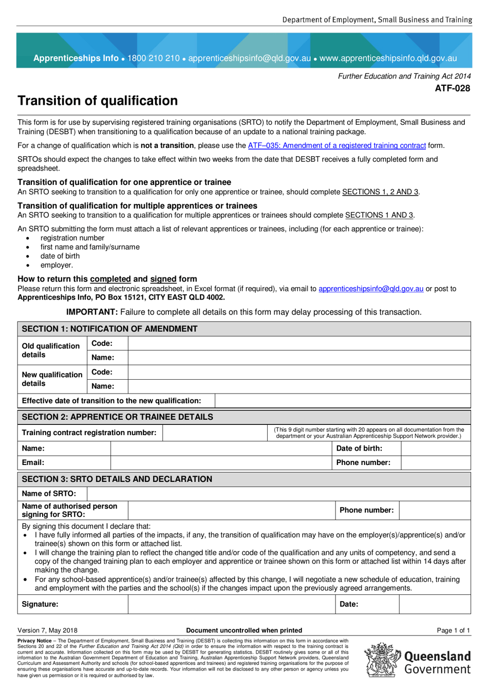 Form ATF-028 Transition of Qualification - Queensland, Australia, Page 1