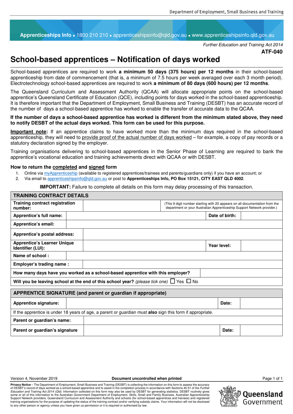 Form ATF-040 School-Based Apprentices - Notification of Days Worked - Queensland, Australia, Page 1