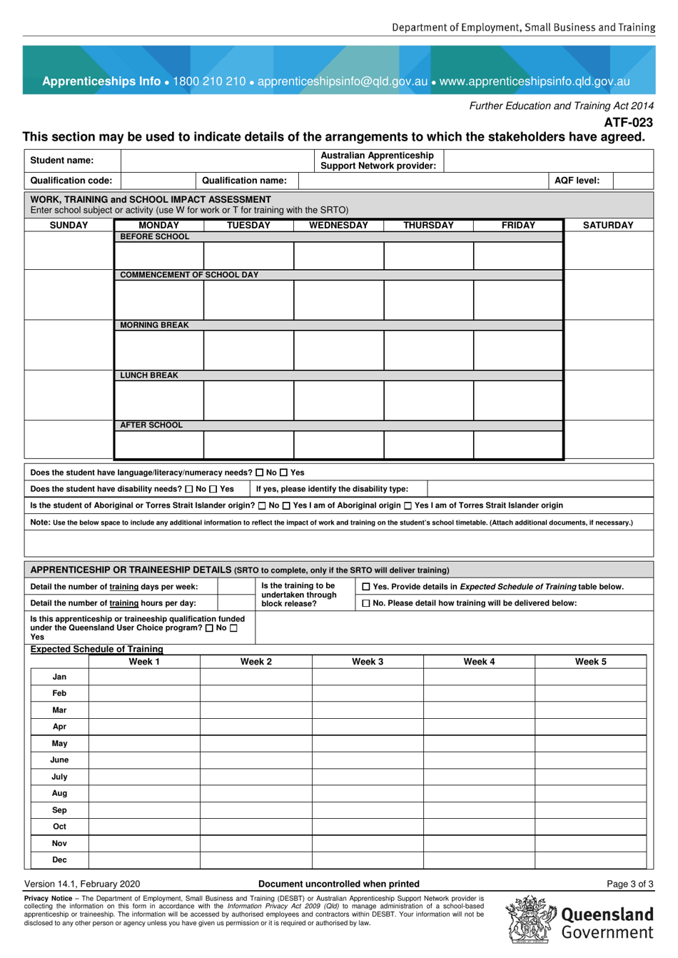 Form ATF-023 Education, Training and Employment Schedule (Etes) for School-Based Apprenticeships and Traineeships (Sats) - Queensland, Australia, Page 3