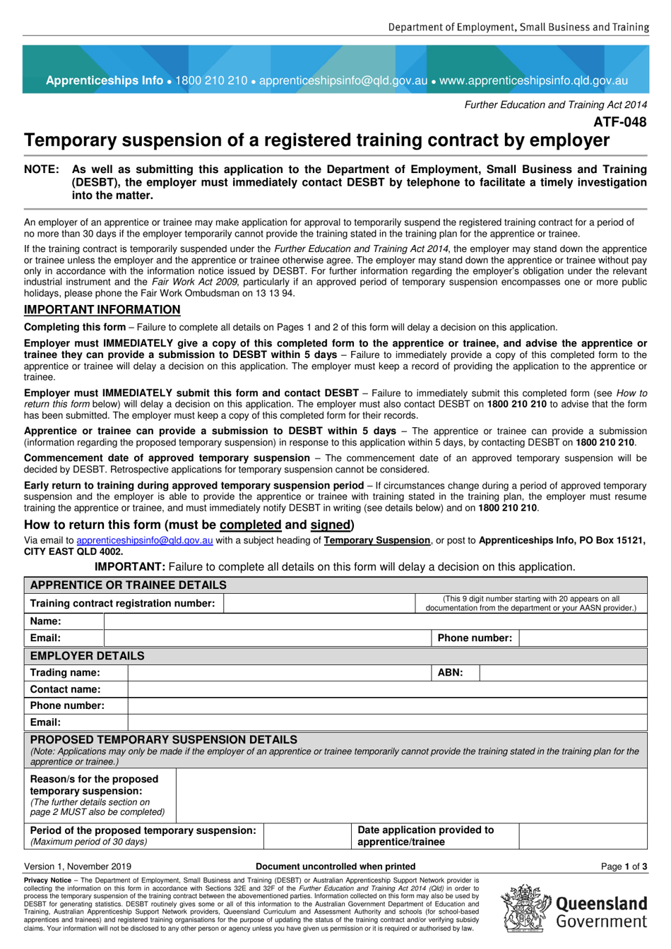 Form ATF-048 Temporary Suspension of a Registered Training Contract by Employer - Queensland, Australia, Page 1