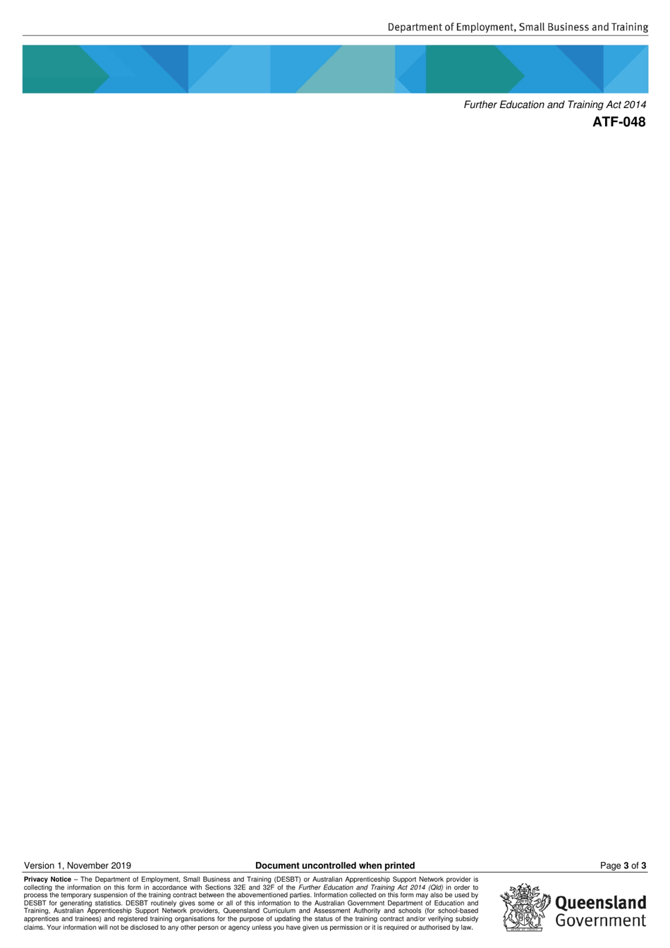 Form ATF-048 Temporary Suspension of a Registered Training Contract by Employer - Queensland, Australia, Page 3