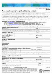 Form ATF-038 Temporary Transfer of a Registered Training Contract - Queensland, Australia