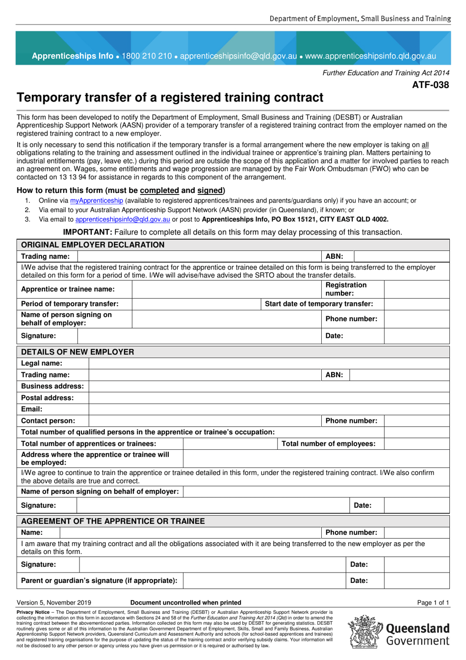 Form ATF-038 Temporary Transfer of a Registered Training Contract - Queensland, Australia, Page 1