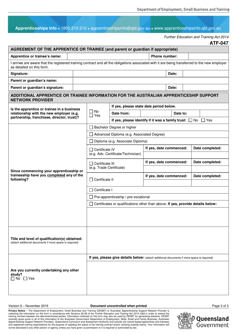 Form ATF-047 Permanent Transfer Application by Apprentice / Trainee and Proposed New Employer - Queensland, Australia, Page 3