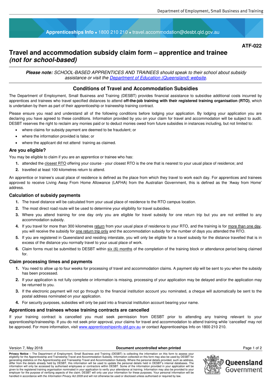 Form Atf 022 Download Fillable Pdf Or Fill Online Travel And Accommodation Subsidy Claim Form Apprentice And Trainee Not For School Based Queensland Australia Templateroller