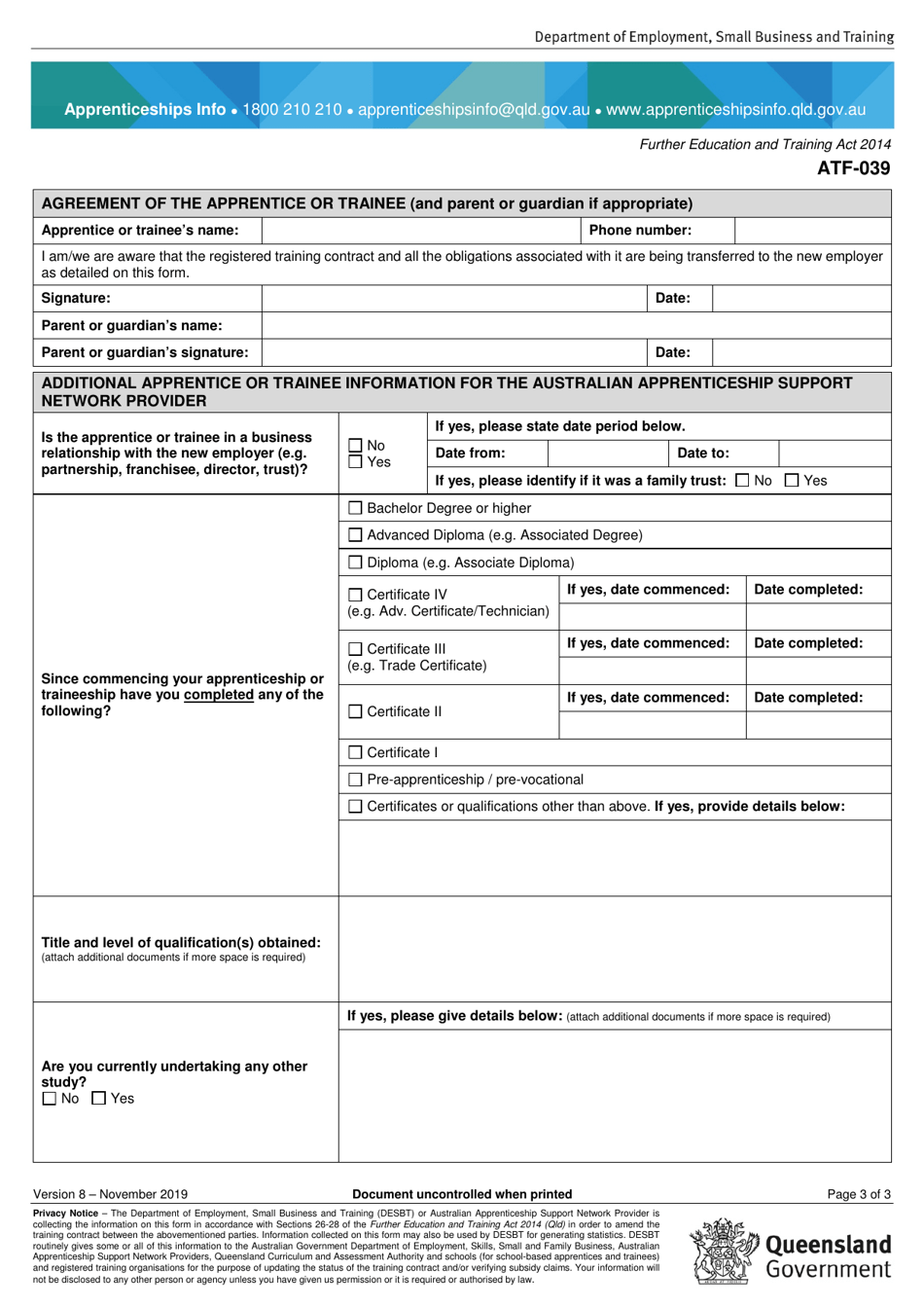 Form ATF-039 Permanent Transfer Application by All Parties and Proposed New Employer - Queensland, Australia, Page 3