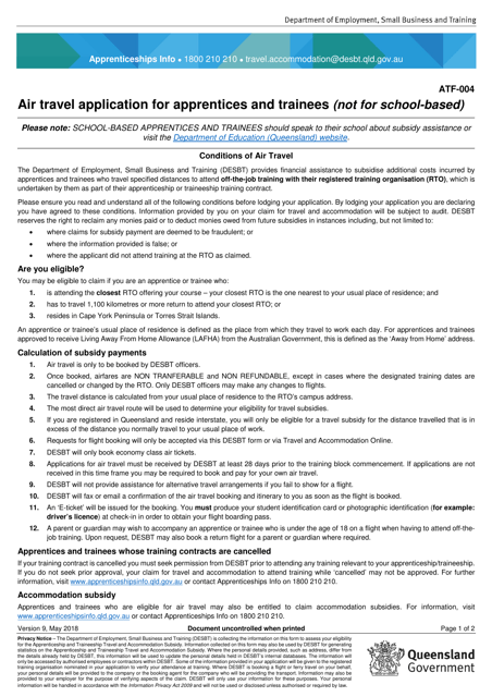 Form ATF-004 Air Travel Application for Apprentices and Trainees (Not for School-Based) - Queensland, Australia