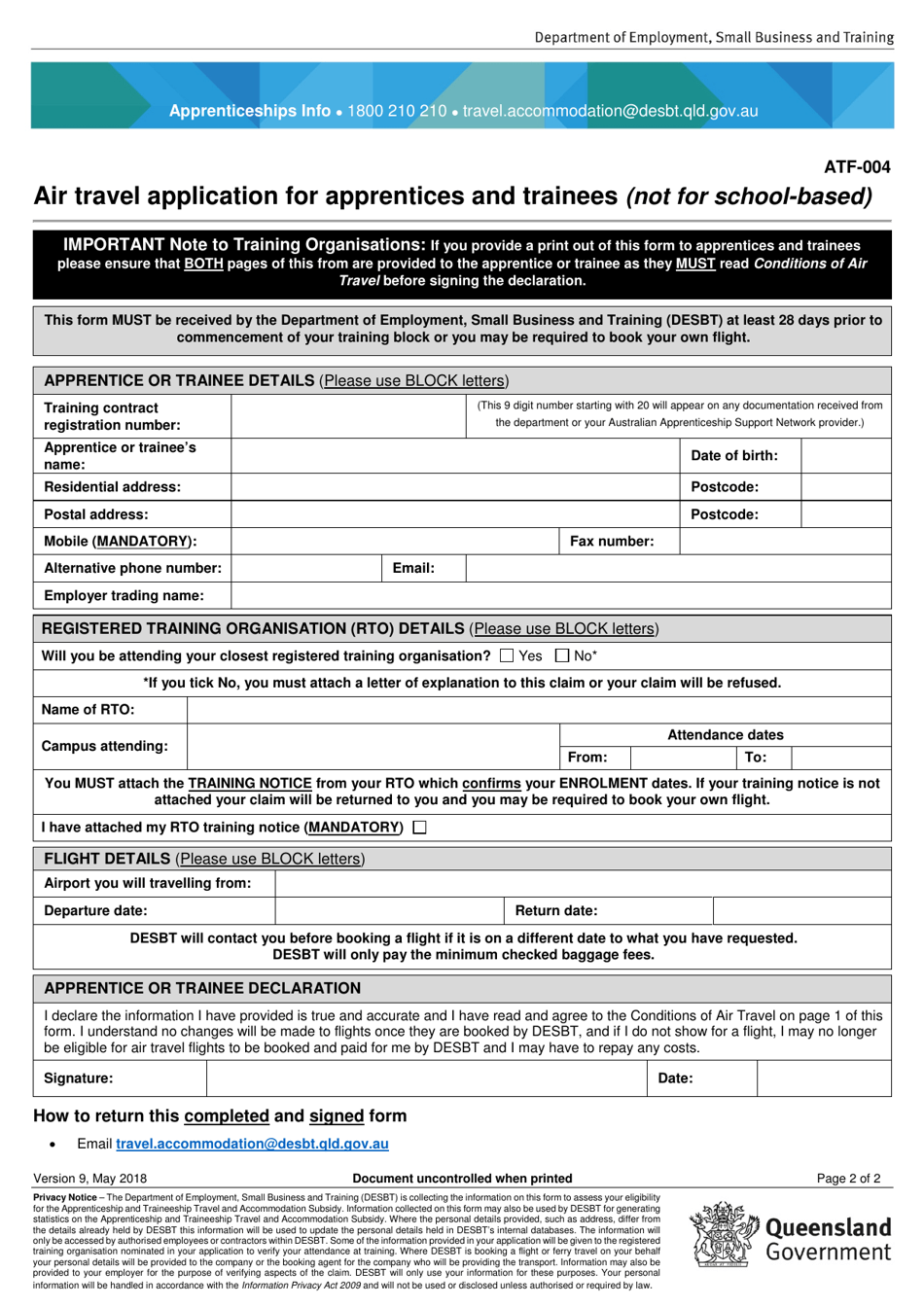 Form ATF-004 Air Travel Application for Apprentices and Trainees (Not for School-Based) - Queensland, Australia, Page 2