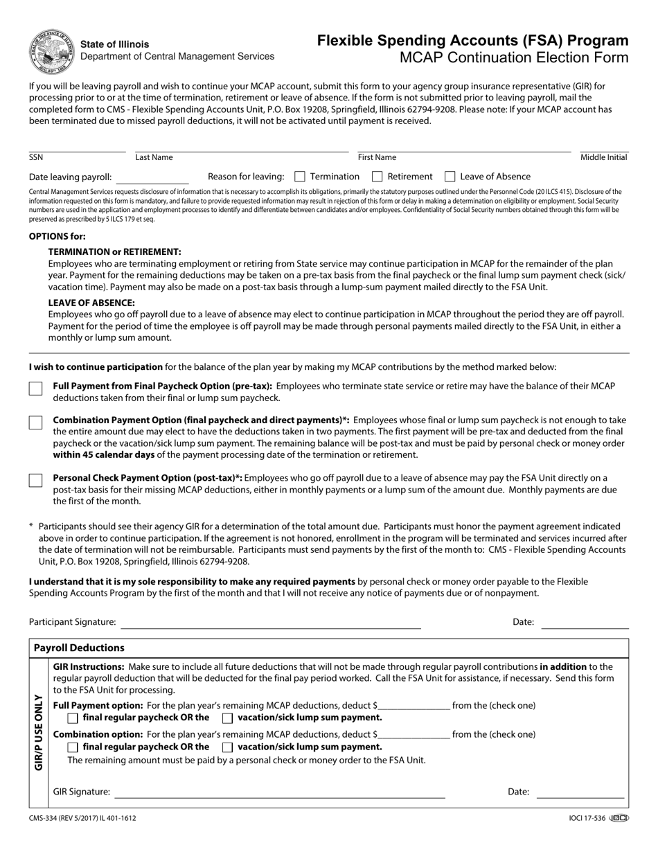 Form CMS-334 (IL401-1612) Flexible Spending Accounts (FSA) Program Mcap Continuation Election Form - Illinois, Page 1