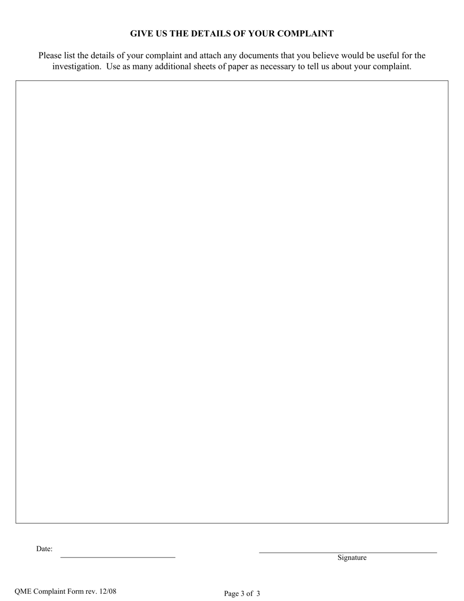 Qualified Medical Evaluator Complaint Form - California, Page 3