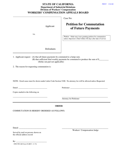 DWC Form 49 Petition for Commutation of Future Payments - California