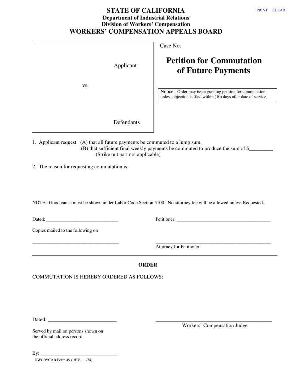 DWC Form 49 Petition for Commutation of Future Payments - California, Page 1
