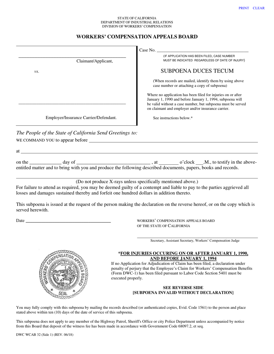 Form DWC WCAB32 Subpoena Duces Tecum - California, Page 1