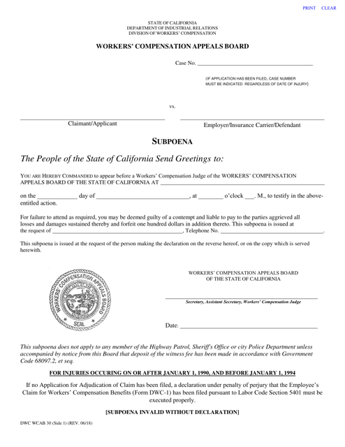 DWC WCAB Form 30 Subpoena - California