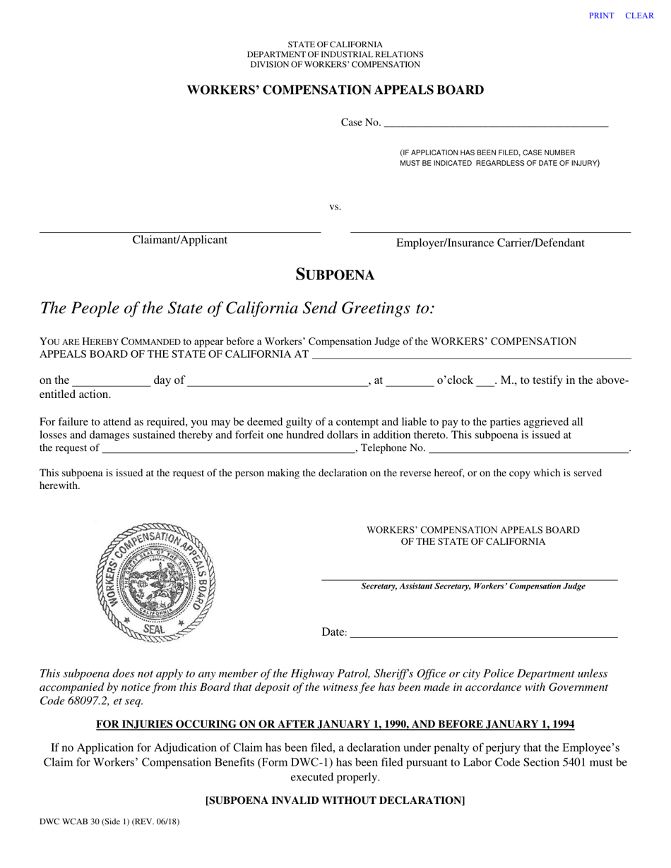 DWC WCAB Form 30 Subpoena - California, Page 1