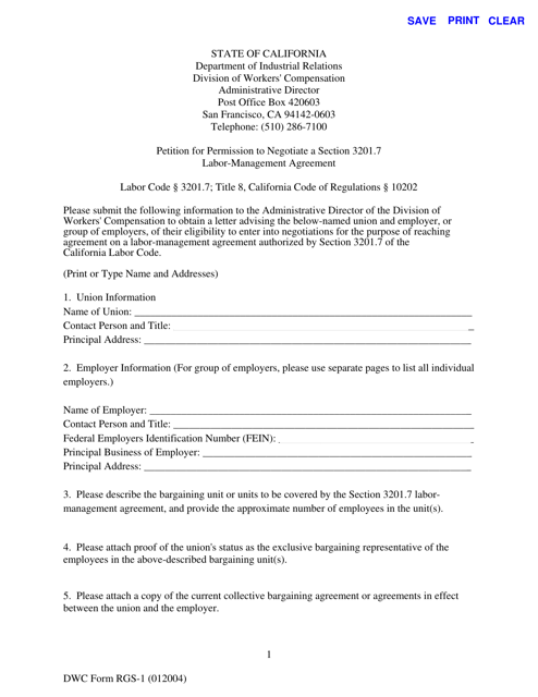 DWC Form RGS-1 Petition for Permission to Negotiate a Section 3201.7 Labor-Management Agreement - California