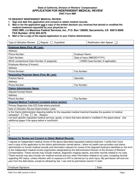 DWC Form IMR Application for Independent Medical Review - California