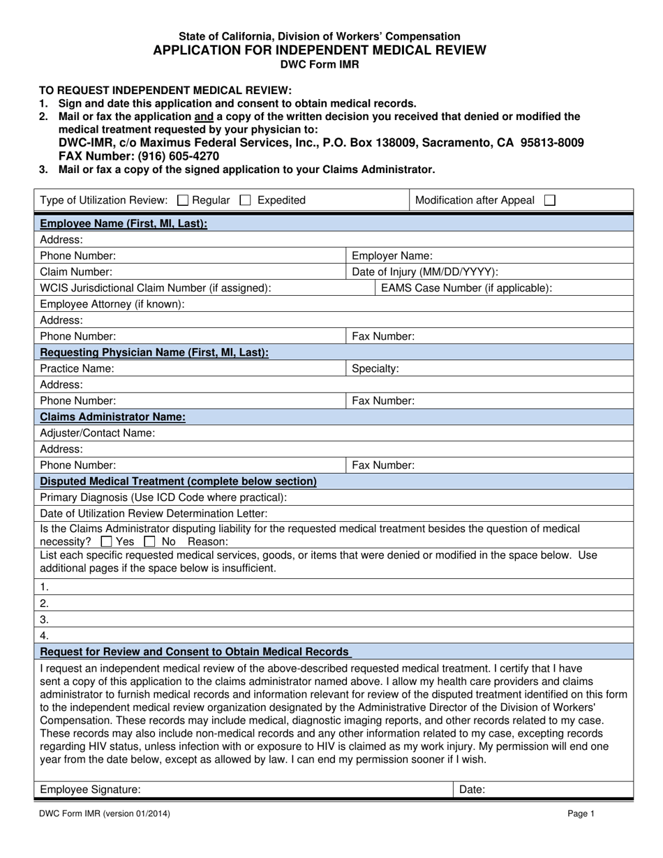 DWC Form IMR Application for Independent Medical Review - California, Page 1