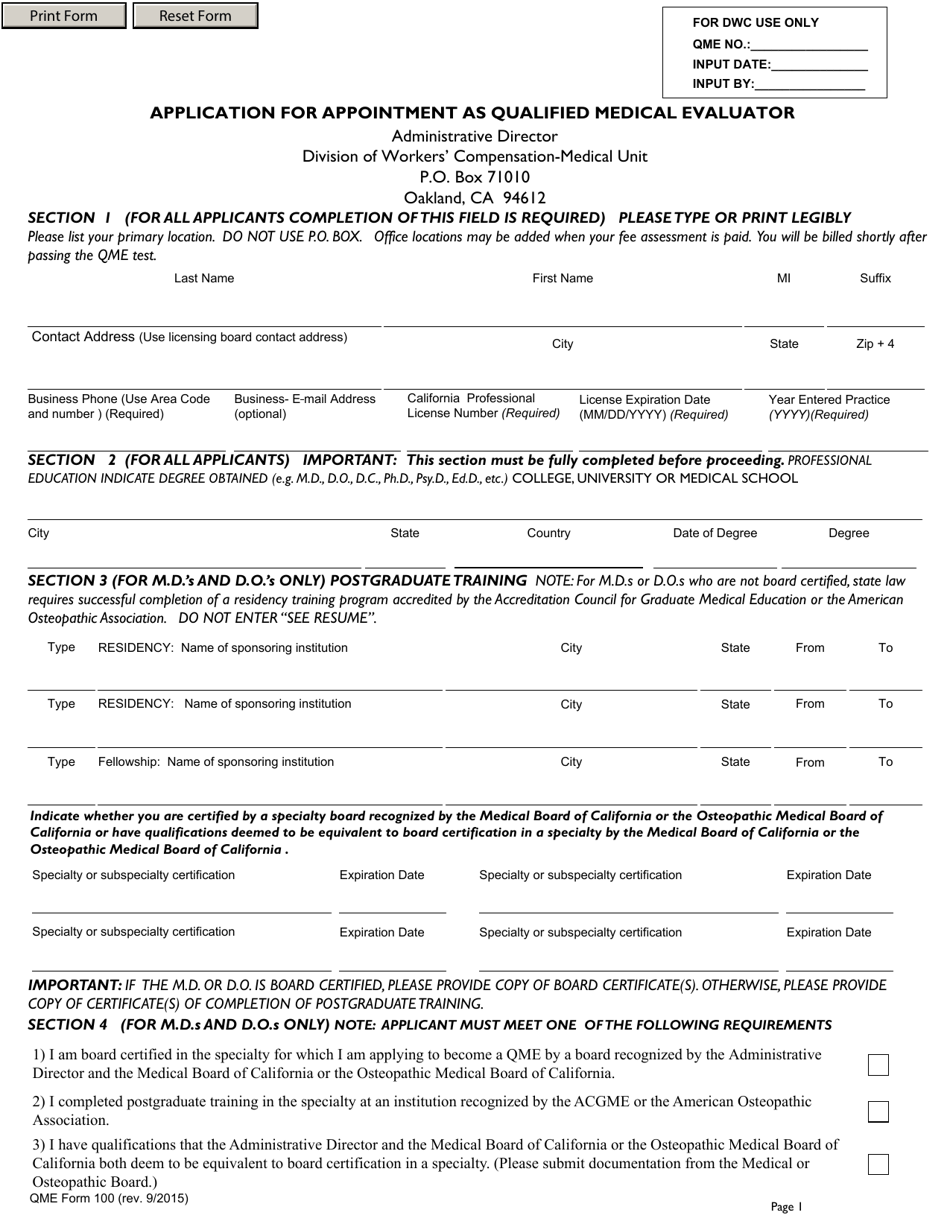 QME Form 100 Application for Appointment as Qualified Medical Evaluator - California, Page 1
