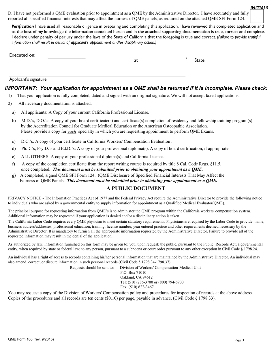 QME Form 100 Application for Appointment as Qualified Medical Evaluator - California, Page 3