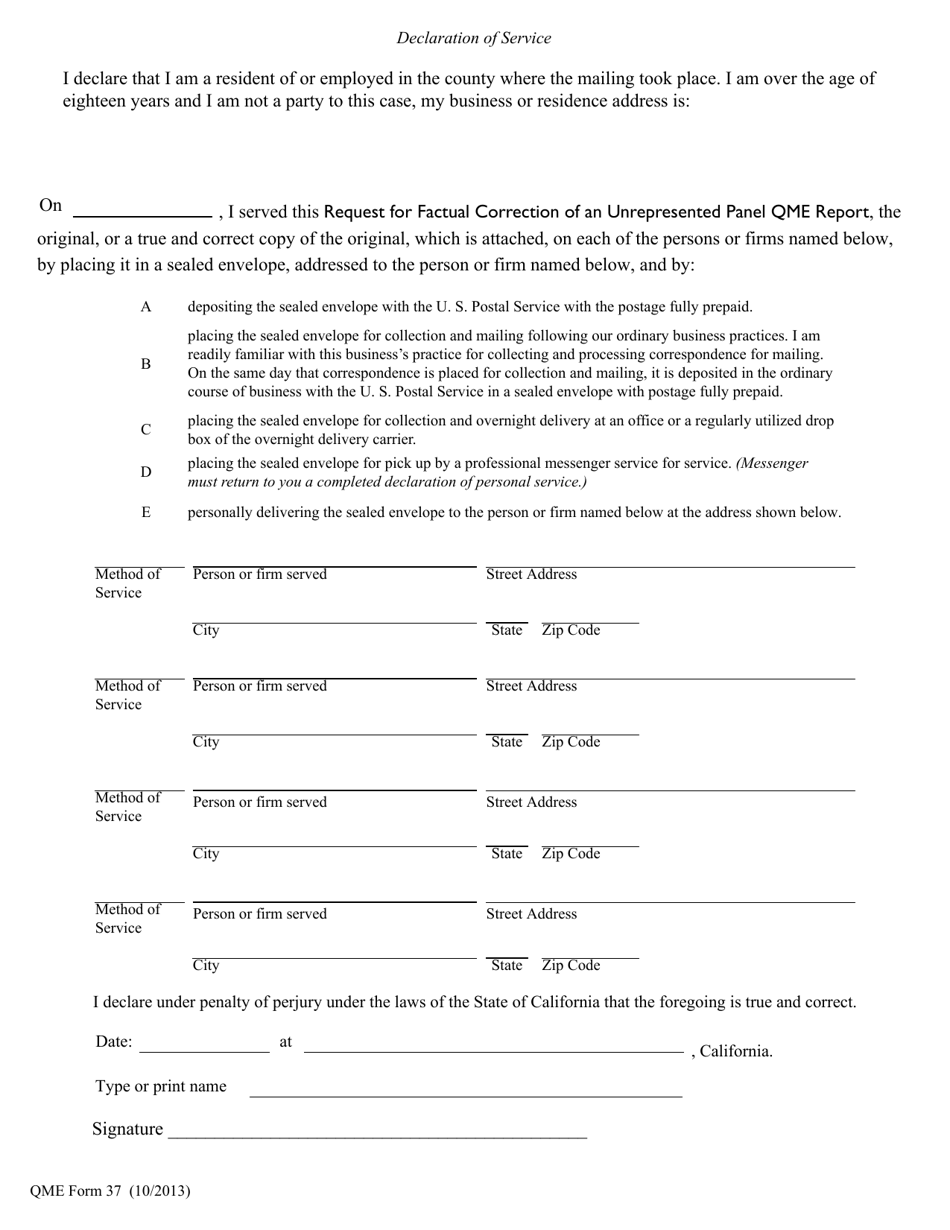 QME Form 37 Request for Factual Correction of an Unrepresented Panel Qme Report - California, Page 2